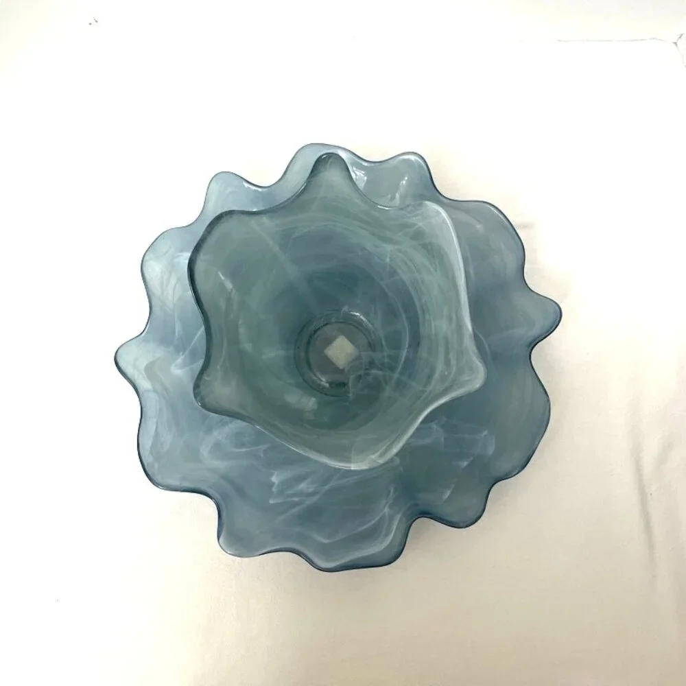 Recycled Glass Bowl & Platter Made in Spain Blue & White Swirl Organic Edge‎